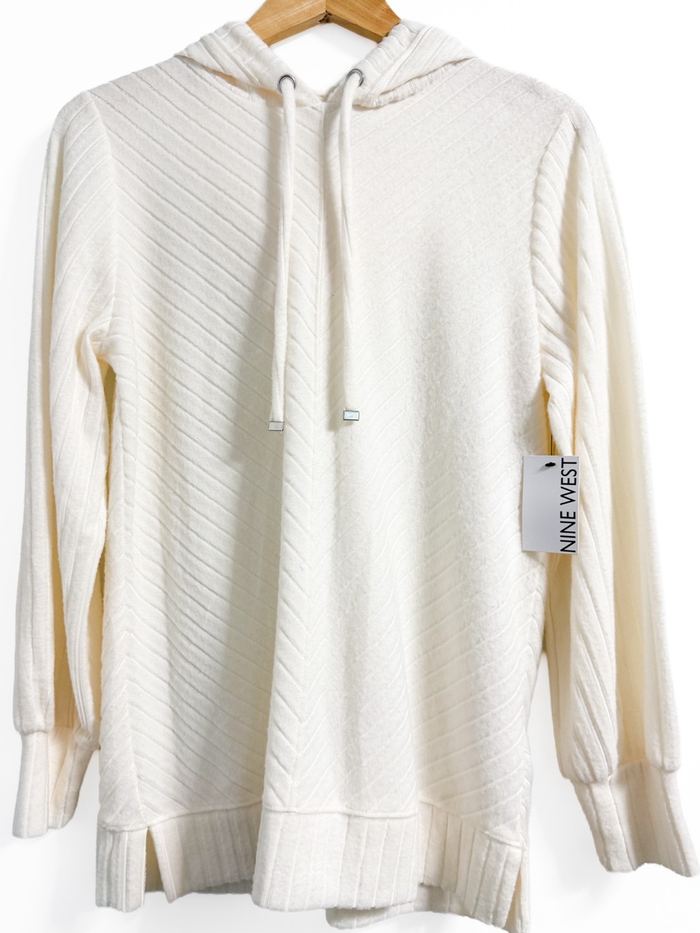 Nine West NWT Ivory Rib Knit Hoodie Women’s M Longline Pullover